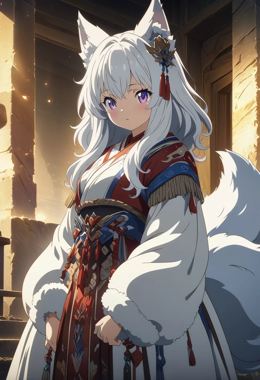 (masterpiece:1.2), (Best Quality:1.2), Ultra-high resolution, Very detailed, Perfect lighting, Wolf Girl, White Hair, National Costume, Otherworldly fantasy, Fluffy tail,cute, Digital anime art,Anime style illustrations,Anime illustration