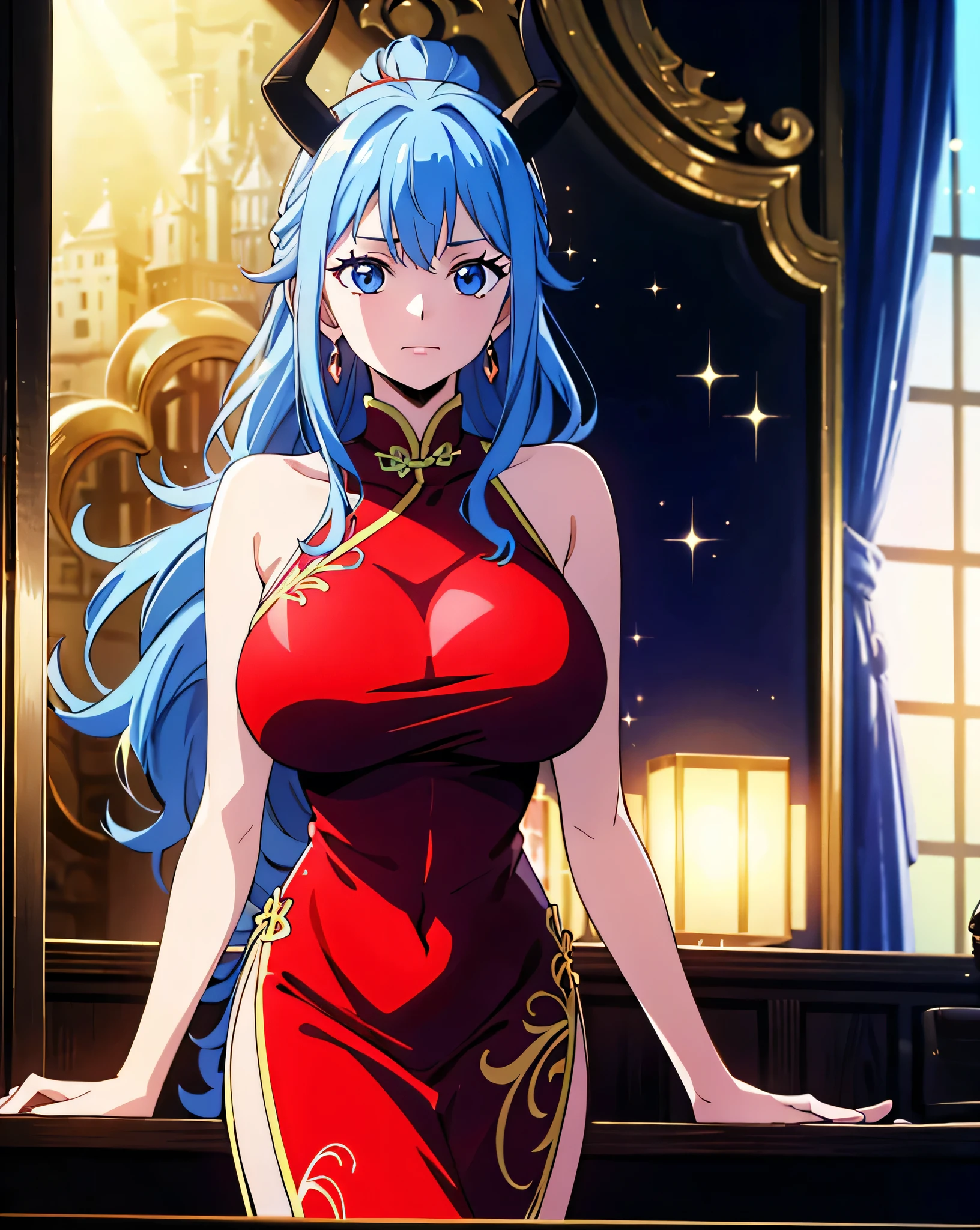 fterimage, bokeh, solo, masterpiece, high details, best quality, highres, 4K, detailed fingers, detailed face, blue hair, long hair, huge breasts, blue eyes, horns, chinese dress, glitter red dress, fantasy settings, smooth, indoors, castle,