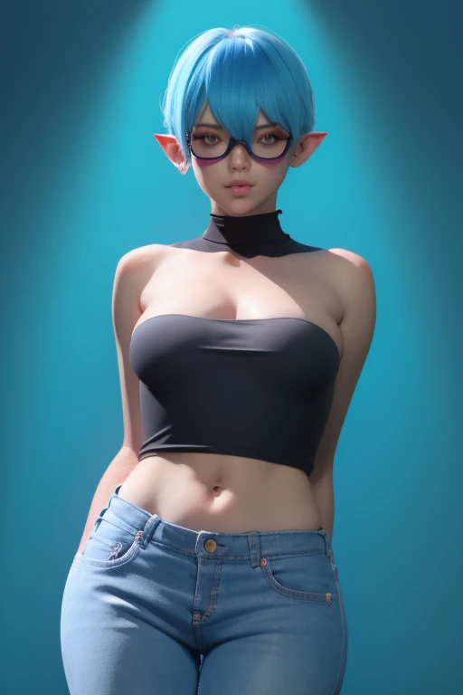 high resolution, fringe, blue hair, toys, taken, pointy ears, dutch angle, Mask, Multiple views, masterpiece, Action painting, best quality, anatomically correct, high resolution, big breasts, Lips slightly parted, makeup, Light blush, Hair flower, projected shadow, 3D Rendering, illustration, anime, ((short jeans curto)), (yellow strapless top)