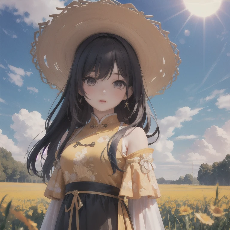 (Reality: 1.3), , quality, Rembrandt Lighting, (masterpiece: 1.2), (Reality: 1.2), (Best quality), (Skin Details: 1.3), (Intricate details), dramatic, Idyllic, Ray Tracing, One girl, Chinese Yellow Girl, Long black hair, 2, Modern clothing (Pasture, sun, cloud, field, farm, Starlight, Trail)  