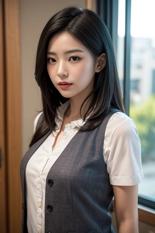 1 korean girl, mature woman, standing directly in front of the camera, I close my eyes and look like I am waiting for a kiss, vest, bow, photograph, very detailed, surreal, 3D, octane rendering, realistic, highest quality, hire, detailed face, office, building from the window, detailed background, diffused sunlight, Depth of the bounds written, Bokeh