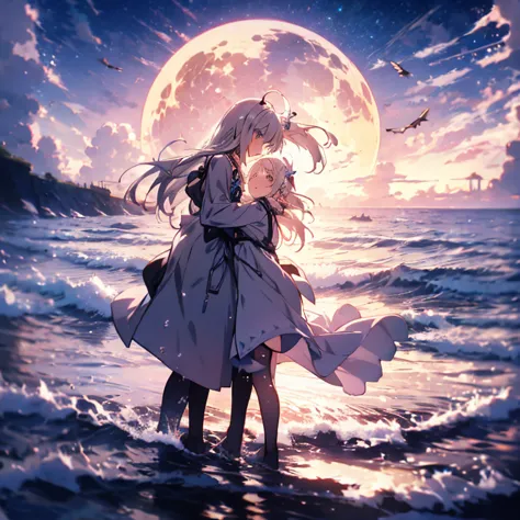 a little anime girl and two adult women walking in the sea, they are hugging each other,beautiful fantasy anime, high detailed o...