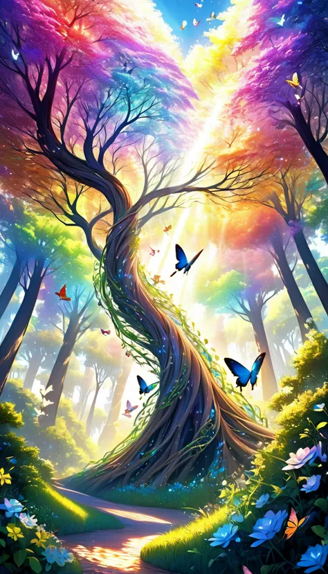 huge iridescent transparent cone, spiralling vines of trees and flowers, a force that reaches up to the sky, colorful birds and ...