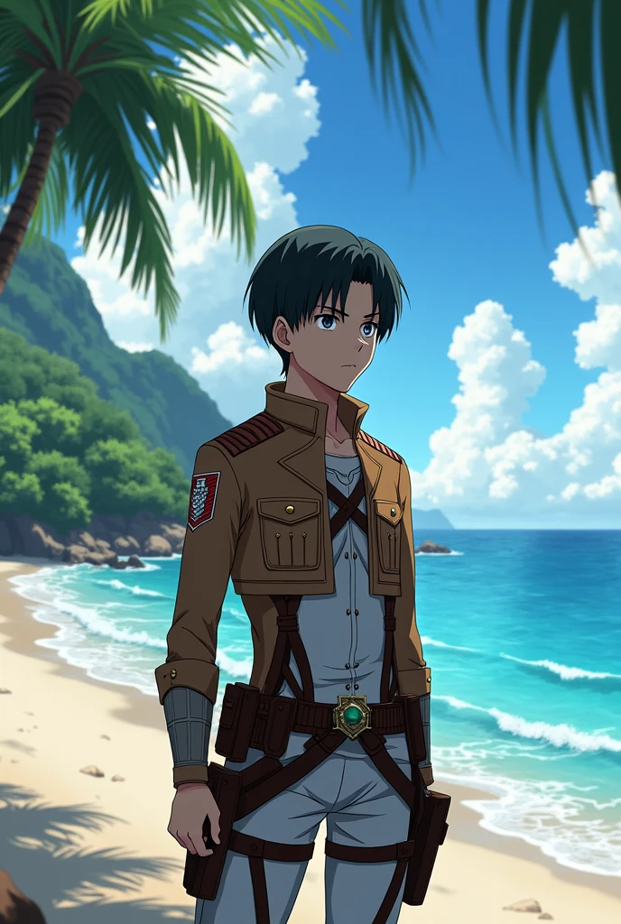 Attack on titan screencap of a male with low fade black hair, Grey eyes, and about teen. Scenery is beautiful in paradise island. He is wearing a survey corps outfit wit studio season 1