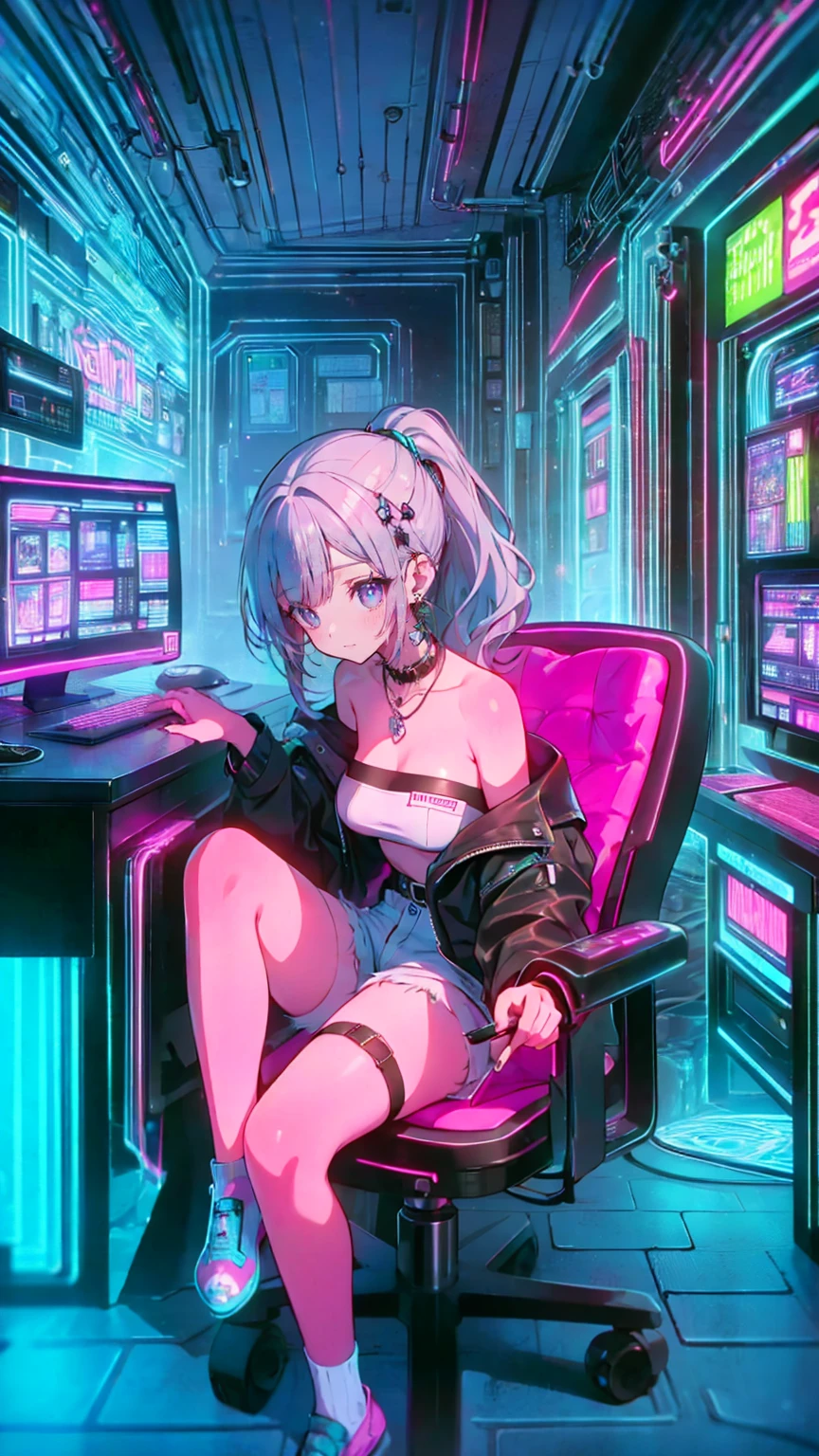 Best Quality, Best image quality, Very young girl, code, Hacker Style, curve,Hold a cigarette ,Smoke drifts from the cigarette,View the computer, A slight blush,、Side view、Deep purple, dark, cable, Vintage, Cyberpunk, Medium Bust, Big Breasts, Sparkling amber eyes, Aqua Eye, Eye Reflexes, Long upper eyelashes, Long, messy hair, Wavy, top ponytail, ((Black sexy strapless short tube top)), Leather jacket, (White denim hot pants), ((Black thigh-high socks)), smile, Glowing headphones, Diamond earrings, Wristbands, necklace, ring, Sit on a chair, In front of the computer, Play video games,データセンターのbackground, Deep purple主题, Night City、 Lean forward, Open one shoulder, joy, Beautiful art, background((Hacker Room, Server Room, Neon Light, Braces, Notes)), flight, Debris Scattered, Line depth, movie, Visual Arts, Perfect Art, Genuine, Verism, Anime Style, Shining Light, movie照明, Chiaroscuro, Ray Tracing, 8k, masterpiece, Ultra-fine skin, Super detailed face, Perfect Face, Extremely fine facial detail, Beautiful and delicate eyes, Perfect Eyes, Correct limbs, Correct Fig, Super detailed fig, Best hair quality, Best Clothing Quality, Best Prop Quality
