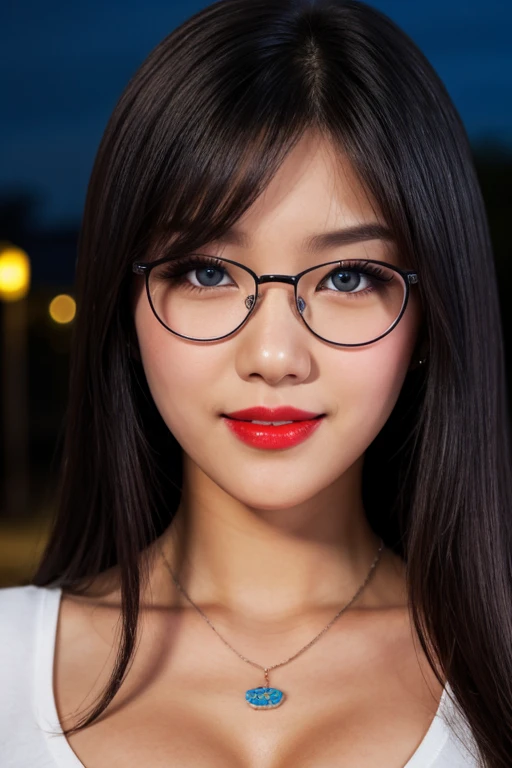 source_semi-realistic, CG, night street, (slender), Korean pretty girl, dark-violet hair, very long straight hair, bangs, deep-blue eyes, eyelash, black eyeliner, glasses, nose, red lip, smile, large breasts, necklace, cleavage, white tight-long sleeves top, black shoulder-strap, looking at viewer, focus face,