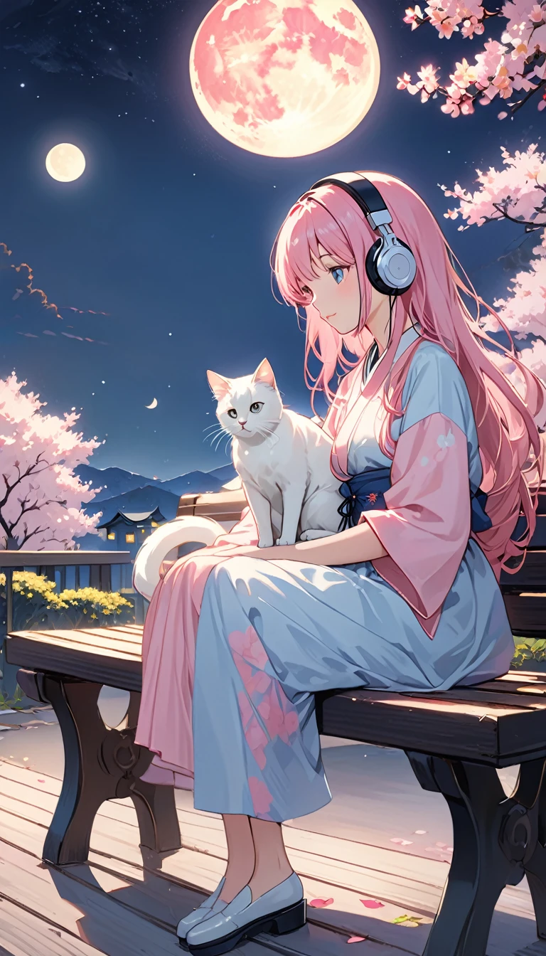 (super masterpiece　Best Quality　High Resolution Ultra HD) Lo-fi style、(anime)、(Woman wearing headphones with eyes open)、(Anatomically correct) 、Hair length is waist length　Her hair color is pink.、Sitting on a bench、Navy blue kimono、night、moon、Pet white cat、cute、Stylish、dim、front、Zoom in、Dreamy