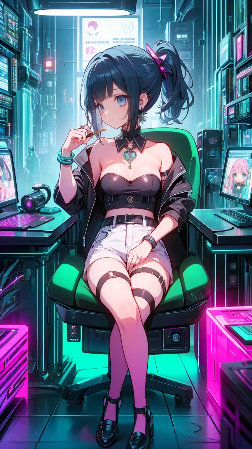 Best Quality, Best image quality, Very young girl, code, Hacker Style, curve,Hold a cigarette ,Smoke drifts from the cigarette,View the computer, A slight blush,、Side view、Deep purple, dark, cable, Vintage, Cyberpunk, Medium Bust, Big Breasts, Sparkling amber eyes, Aqua Eye, Eye Reflexes, Long upper eyelashes, Long, messy hair, Wavy, top ponytail, ((Black sexy strapless short tube top)), Leather jacket, (White denim hot pants), ((Black thigh-high socks)), smile, Glowing headphones, Diamond earrings, Wristbands, necklace, ring, Sit on a chair, In front of the computer, Play video games,データセンターのbackground, Deep purple主题, Night City、 Lean forward, Open one shoulder, joy, Beautiful art, background((Hacker Room, Server Room, Neon Light, Braces, Notes)), flight, Debris Scattered, Line depth, movie, Visual Arts, Perfect Art, Genuine, Verism, Anime Style, Shining Light, movie照明, Chiaroscuro, Ray Tracing, 8k, masterpiece, Ultra-fine skin, Super detailed face, Perfect Face, Extremely fine facial detail, Beautiful and delicate eyes, Perfect Eyes, Correct limbs, Correct Fig, Super detailed fig, Best hair quality, Best Clothing Quality, Best Prop Quality
