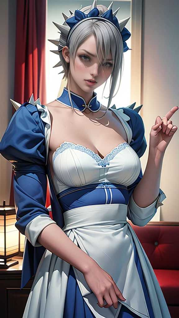 ((16 Nights Sakiya)), ((Oriental Project)), Cosplay, 20-year-old woman,Magazine cover, (((Gray Hair)), ((Medium Spiky Hair)), ((Blue maid outfit)), ((White blouse)), Center of chest, (Light)))), (Pause))), (Photorealistic photography: 1.3), rim Lighting, (Skin with attention to detail:1.2), 8k UHD, Digital SLR, high quality, High resolution, 4K, 8k, Bokeh, Disorganized, The optimal ratio is four fingers to one thumb, (Genuine:1.3), The cutest girl 1, Lots of knives