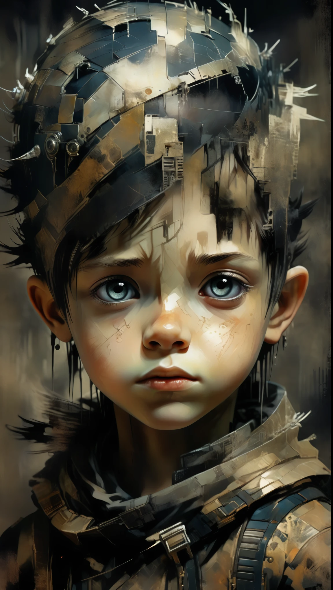 Intricate and detailed portrait of a young boy., Fantasy character design, cyberpunk, Dark and moody lighting:1.5, spectacular chiaroscuro lighting, film compositionAshley Wood style, sandy grunge texture, sharp focus, hyper detailed, 8K, (The best quality:1.2), (photorealistic:1.37).AniPnyXLQual, HashbinPnyXL