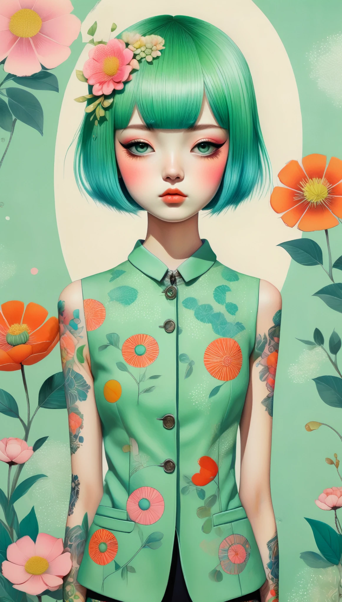 A fascinating surreal illustration of a young German girl.. She has pastel green hair with straight bangs., cyan eyes, and wears a vibrant pastel-colored suit adorned with intricate floral patterns.. Freckles dot her smooth skin, warm complexion, Boldly, Colorful tattoos cover her arms and legs.. The tattoos feature traditional Japanese motifs such as flowers and mythical creatures.., Rendered in meticulous detail in a pastel color palette.. The geometric patterned background that complements the colors of the artwork.. The line work is precise., with delicate shading that gives the illustration a 3D quality. The artwork fuses modern illustration techniques with traditional Japanese aesthetics., resulting in a visually striking result, portrait,AniPnyXLQual, HashbinPnyXL