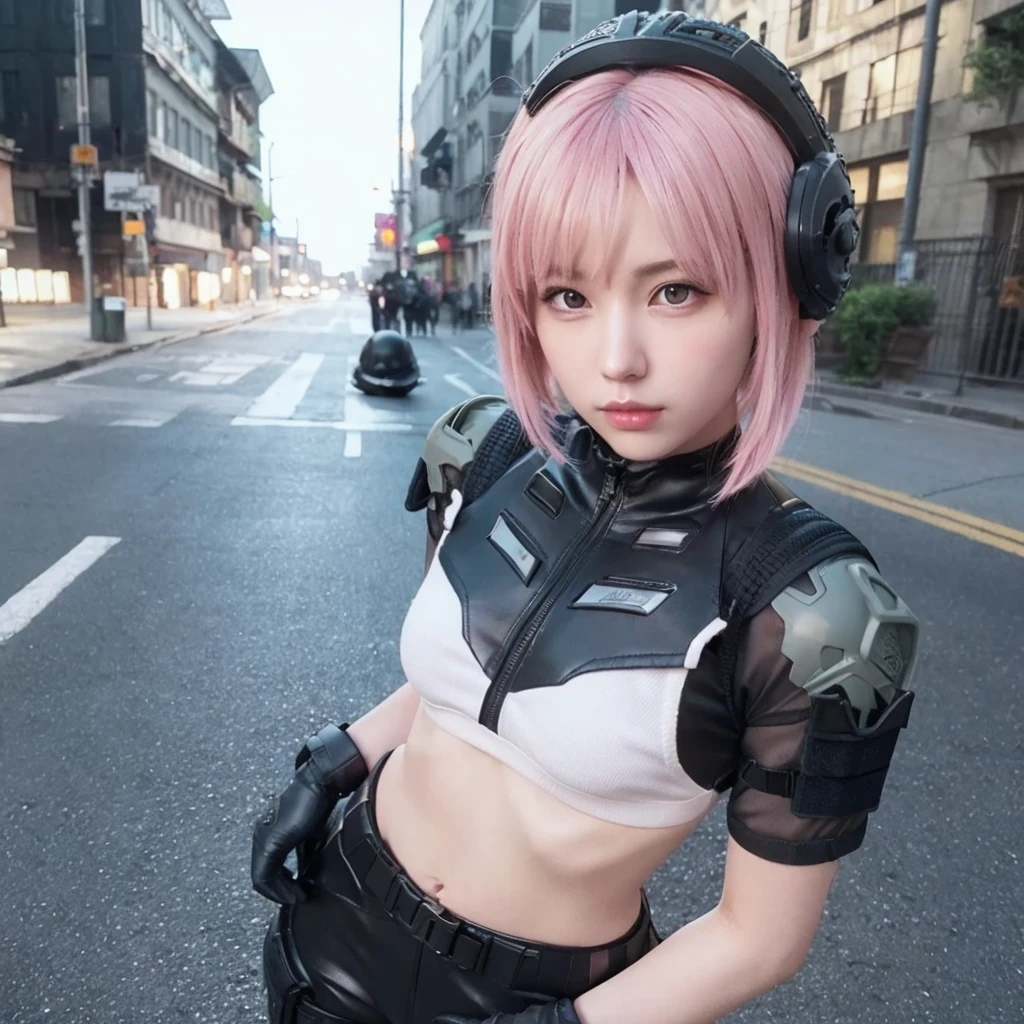 Metal Gear Solid Style, (detailed intricate full cover tactical helmet:1.3), (Pink Hair), Cowboy Shot, Dynamic pose, One girl, Alone, Ray Tracing, (masterpiece), (Best Quality), (detailed), (detailed tactical gear:1.1), (Bulletproof vest:1.1), Combat Pants, gloves, (Complex background:1.1), 