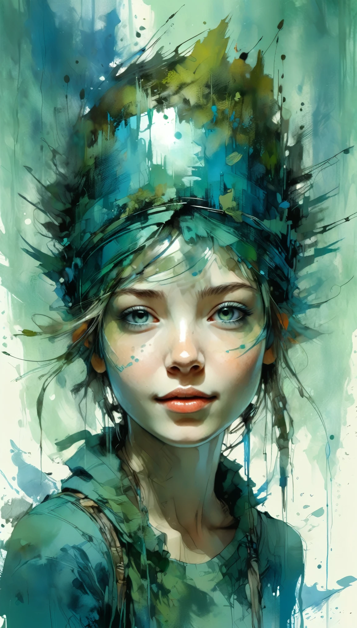 happy girl, centered, looking at the camera, approaching perfection, dynamic, (shades of blue and ((forest green 1.5)))), highly detailed, digital painting, art station, concept art, smooth, sharp focus, illustration, art by Carne Griffiths and Wadim Kashin, detailed face, 4k. AniPnyXLQual, HashbinPnyXL