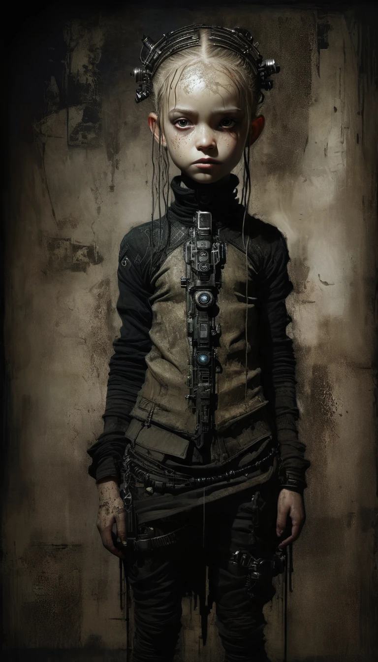 Anatomically correct:1.3, Intricate and detailed portrait of a child, Fantasy character design, cyberpunk, Dark and moody lighting, spectacular chiaroscuro lighting, film composition, Ashley Wood Style, sandy grunge texture, sharp focus, hyper detailed, 8K, (The best quality:1.2), (photorealistic:1.37). AniPnyXLQual, HashbinPnyXL