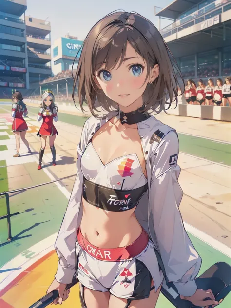 (race queen,grid girls:1.5),crop top,white micro shorts,standing:1.3、black hair:1.5、short hair:1.5,twin tails:1.5、(((small chest...