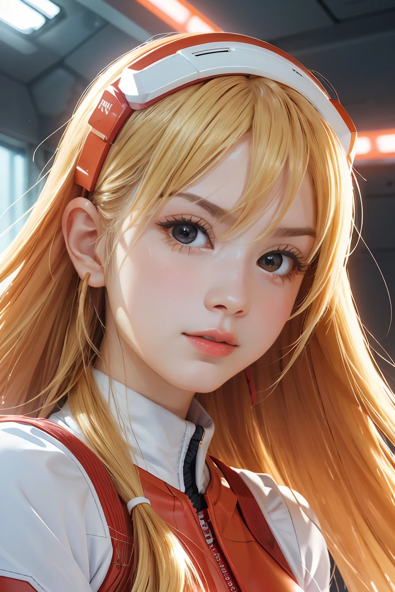 dynamic angle,ultra-detailed, illustration, close-up, straight on, 1girl, 
 ((souryuu asuka langley, interface headset, red bodysuit:1.4, blonde)),Her eyes shone like dreamy stars,(glowing eyes:1.233),(beautiful and detailed eyes:1.1),(expressionless,closed mouth),(standing), 
(mechanic room with toolsand spaceship windowin a white SPACESHIP),
(night:1.2),dreamy, [[delicate fingers and hands:0.55]::0.85],(detail fingers),