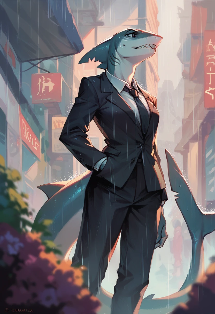 female anthro shark with no wearing a black formal business suit whislt standing in a rainy city