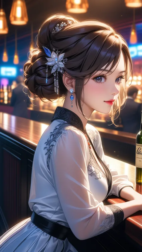 portrait of abigail: a stunning woman with an updo, sitting at the bar in a nightclub. this masterpiece is of the best quality, ...