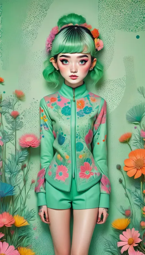 a fascinating surreal illustration of a young german girl.. she has pastel green hair with straight bangs., cyan eyes, and wears...