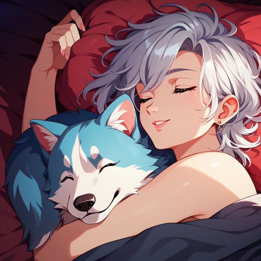 masterpiece,highest quality,ultra-detailed,high-definition background,8k,hi-res,high quality,break,1 dog,Sleeping,cool,Beauty,Silver Hair,smile,Score_9,Score_8_up,Score_7_up,