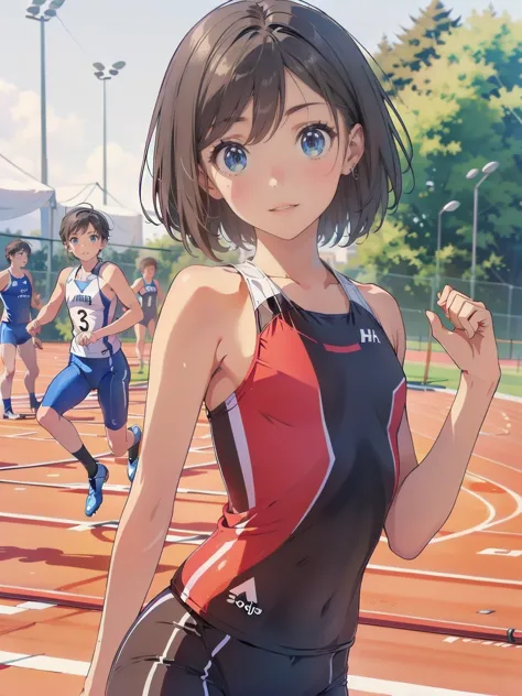 (track and field)、(track and field sprinter:1.5),crop top,white micro shorts,concentrated eyes、squat:1.3、black hair:1.5、short ha...