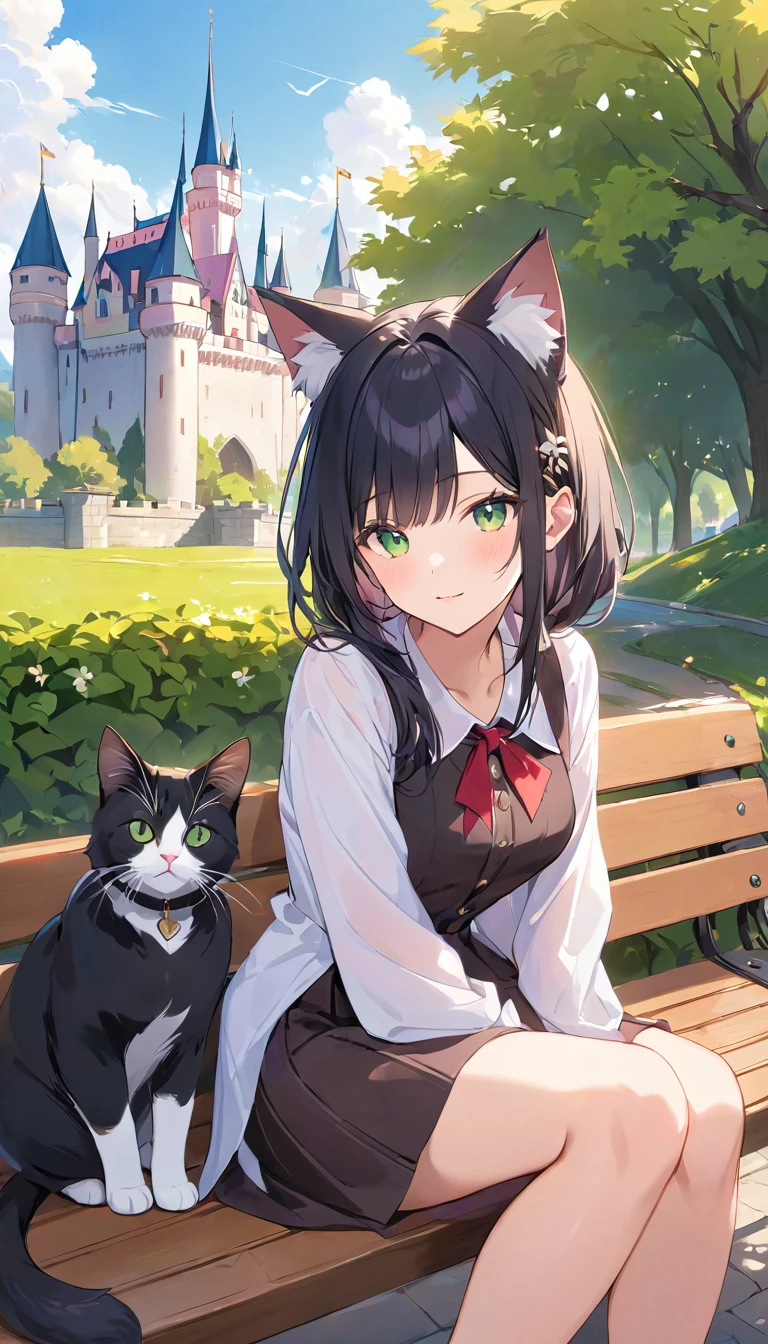 Masterpiece, best quality, highres,  cat ears, black hair, castle background, green eyes, sitting on a bench