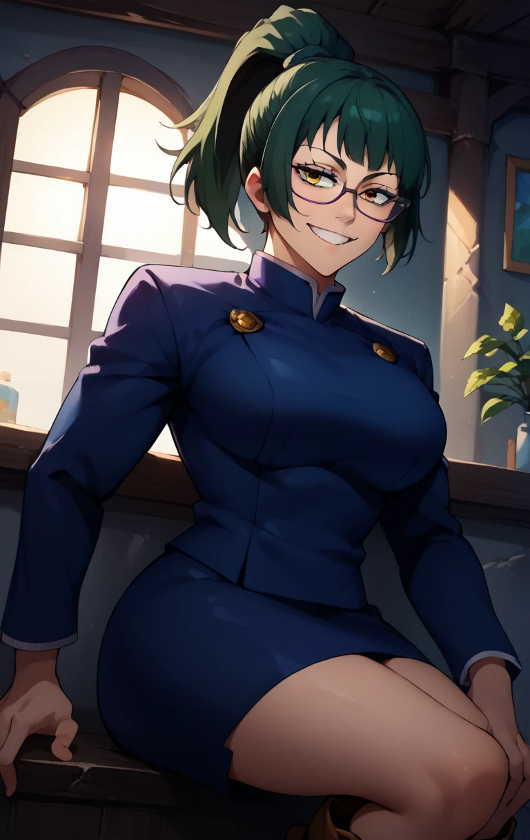 score_9, score_8_up, score_7_up, score_9, source_anime, BREAK   MakizeninSDXL, 1girl, solo, breasts, looking at viewer, smile, short hair, bangs, skirt, large breasts, long sleeves , jacket, golden eyes, ponytail, boots, green hair, glasses, blue skirt, backlighting  nsfw, sexy legs, deepthroat 