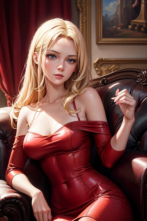 blond woman in red dress sitting on a couch with no smoking sign, sultry digital painting, in a oil painting style, painted digital art, cartoon digital painting, fully clothed. painting of sexy, oil digital painting, very realistic painting effect, digital art oil painting, movie scene portrait closeup, realistic painting effect, # 1 digital painting of all time