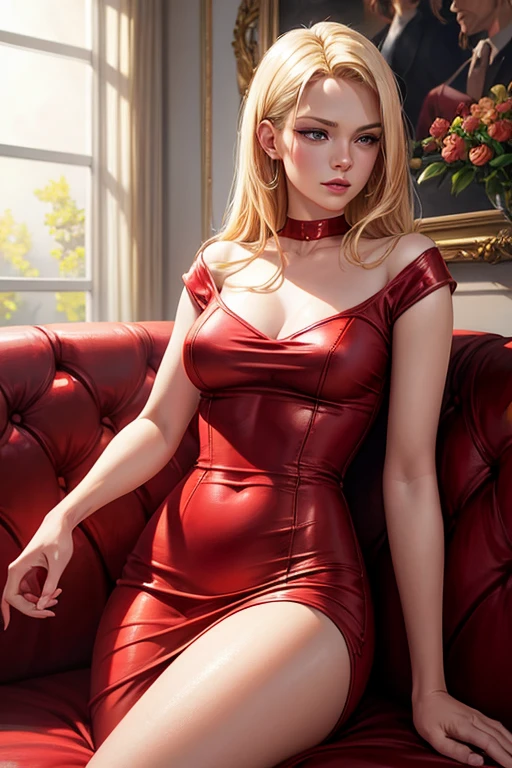 blond woman in red dress sitting on a couch with no smoking sign, sultry digital painting, in a oil painting style, painted digital art, cartoon digital painting, fully clothed. painting of sexy, oil digital painting, very realistic painting effect, digital art oil painting, movie scene portrait closeup, realistic painting effect, # 1 digital painting of all time