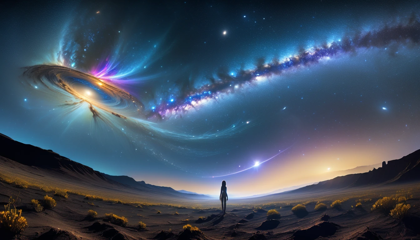 An awe-inspiring HDR image depicting a giant human woman standing gracefully on the vibrant soil of a distant planet. Above her, the Milky Way stretches across the sky, radiating with 24k gold hues that illuminate the cosmos. In the foreground, evidence of extraterrestrial life can be seen—an advanced base nestled within the rugged landscape, teeming with alien flora. Below the surface, an evolving underworld pulses with mysterious energy, hinting at the deep connections between life forms. This otherworldly scene captures the majesty of space and the limitless possibilities of evolution