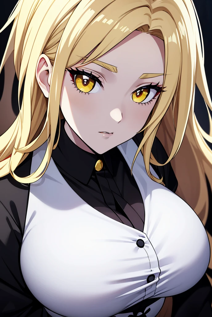 Pure white skin woman, big breasts, blonde hair. His eyes are yellow with yellow slit pupils.. Her eyelids are black which gives the appearance of eye shadow.. huge breasts, guide Grandes. Black lips gothic style.

He wears a white suit with a red shirt inside.. 