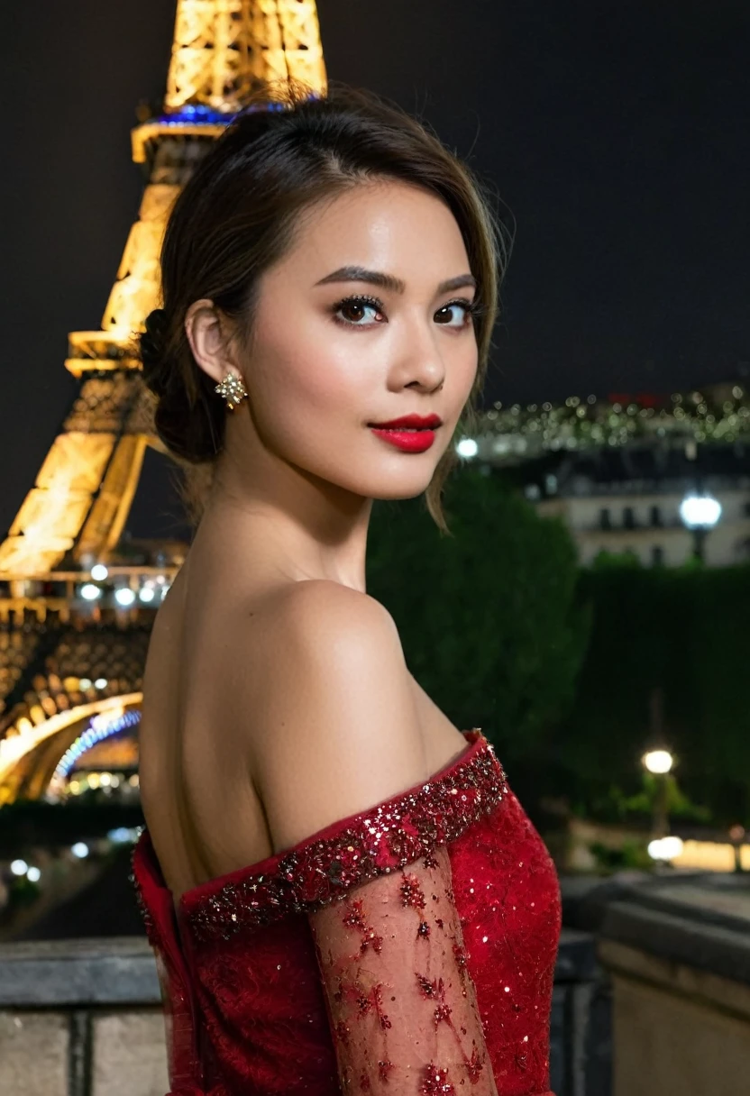 A young woman with short dark brown hair, neat makeup, and a luxurious long red dress, stands confidently posing for a photo, with the Eiffel Tower sparkling at night in the background., A young woman of Thai-French descent, Light brown hair, Oval face, Double eyelids,  Greenish brown eyes, Long eyelashes, Good shape, Thin and tall, Medium chest, Tanned skin is slightly white.