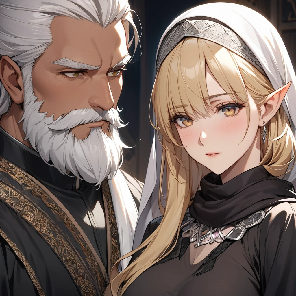 ((Best Quality)), ((masterpiece)), (detailed), （Perfect Face）、The female high elf is Seras Ashlain, a Muslim high elf with medium blonde hair wearing a black abaya and hijab.、The woman is married to a middle-aged Muslim man with a beard.