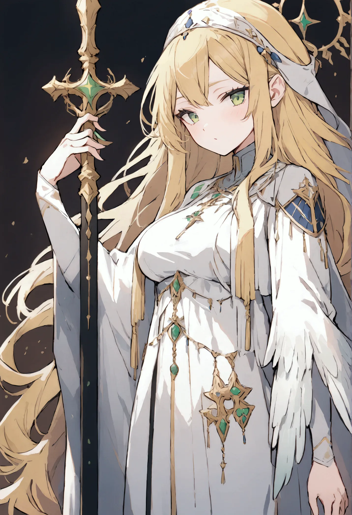 woman with wings, green eyes and blonde hair. cleric in white priestess robes with gold details. with a spear.