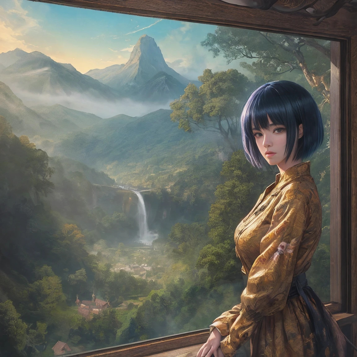 A highly detailed anime illustration, landscape, vintage, dreamy, drawing, trending on artstation, UHD, (((by Quentin de Warren))):1.8, atmosphere, luminosity