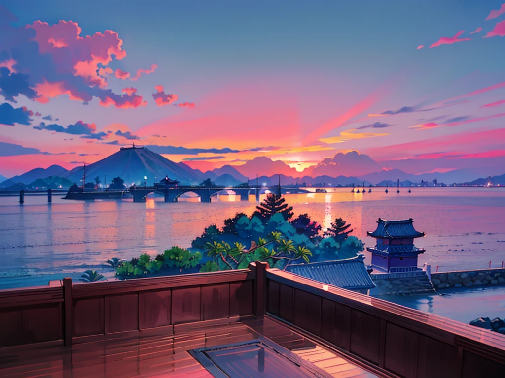 1990s Japanese landscapes for anime backgrounds、Scenery of a beach. sundown. pink sky. The sea, mountains, skyline in the background. Palm Trees. Summer Vibes. A touch like an old photograph. Only Background. No People. Relaxed Scenery, Japanese anime、Painted landscape、Ultra-realistic, 8k, masterpiece, beautiful, peaceful