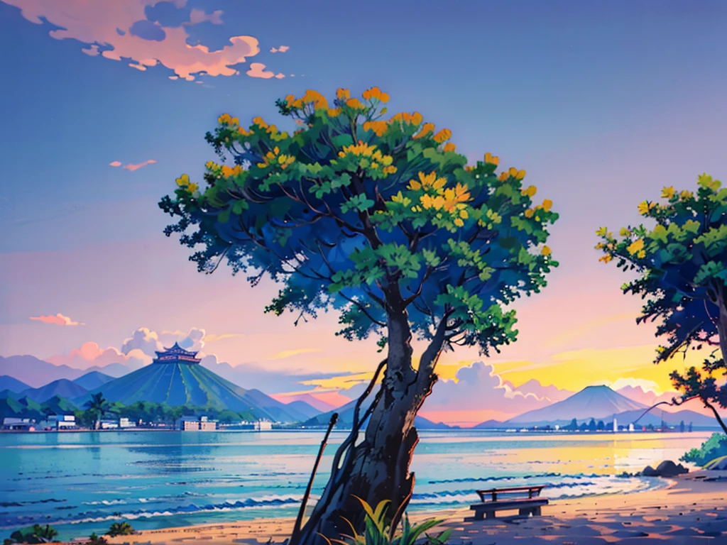 1990s Japanese landscapes for anime backgrounds、Scenery of a beach. sundown. The sea, mountains, skyline in the background. Palm Trees. Summer Vibes. A touch like an old photograph. Only Background. No People. Relaxed Scenery, Japanese anime、Painted landscape、Ultra-realistic, 8k, masterpiece, beautiful, peaceful.