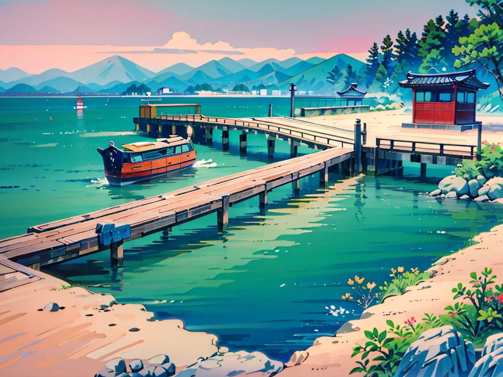 1990s Japanese landscapes for anime backgrounds、Scenery of a beach. Japanese coast. The sea, mountains, skyline far away in the background. Summer Vibes. A touch like an old photograph. Only Background. No People. Relaxed Scenery, Japanese anime、Painted landscape、Ultra-realistic, 8k, masterpiece, beautiful, peaceful. Contoured.