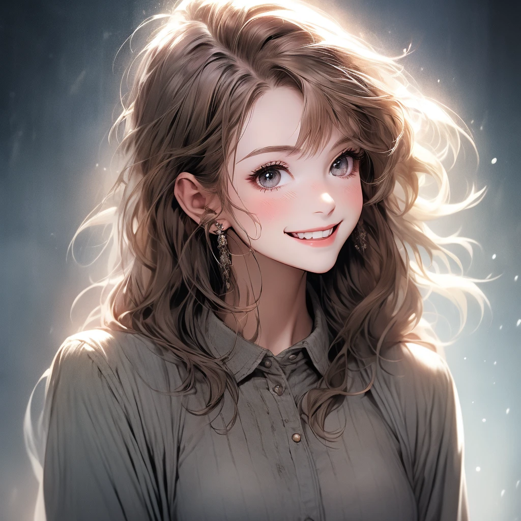 One girl, solo, Long Hair, Look at, smile, bangs, High resolution, masterpiece, Anatomically correct, detail, 高いdetail, Light brown hair, Hair behind ears, Looking up、smile, Simple shirt