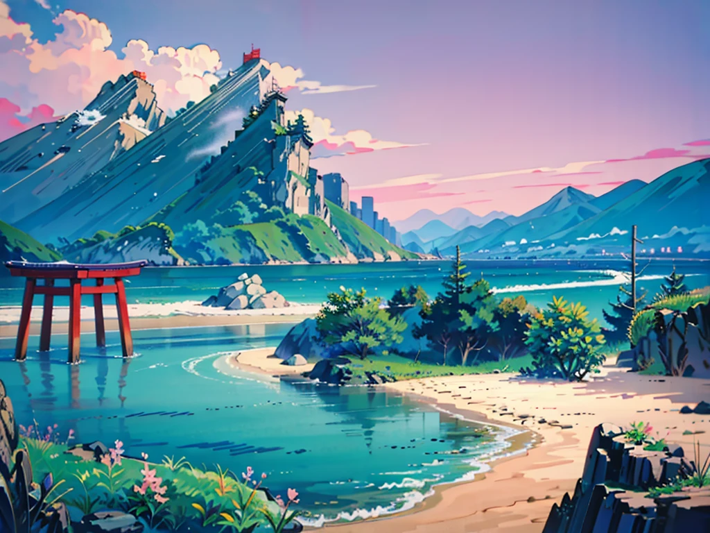 1980s Japanese landscapes for anime backgrounds、Scenery of a beach. Japanese coast. The sea, mountains, skyline far away in the background. Summer Vibes. A touch like an old photograph. Only Background. No People. Relaxed Scenery, Japanese anime、Painted landscape、Ultra-realistic, 8k, masterpiece, beautiful, peaceful. Contoured. Trees, flowers, grass. 