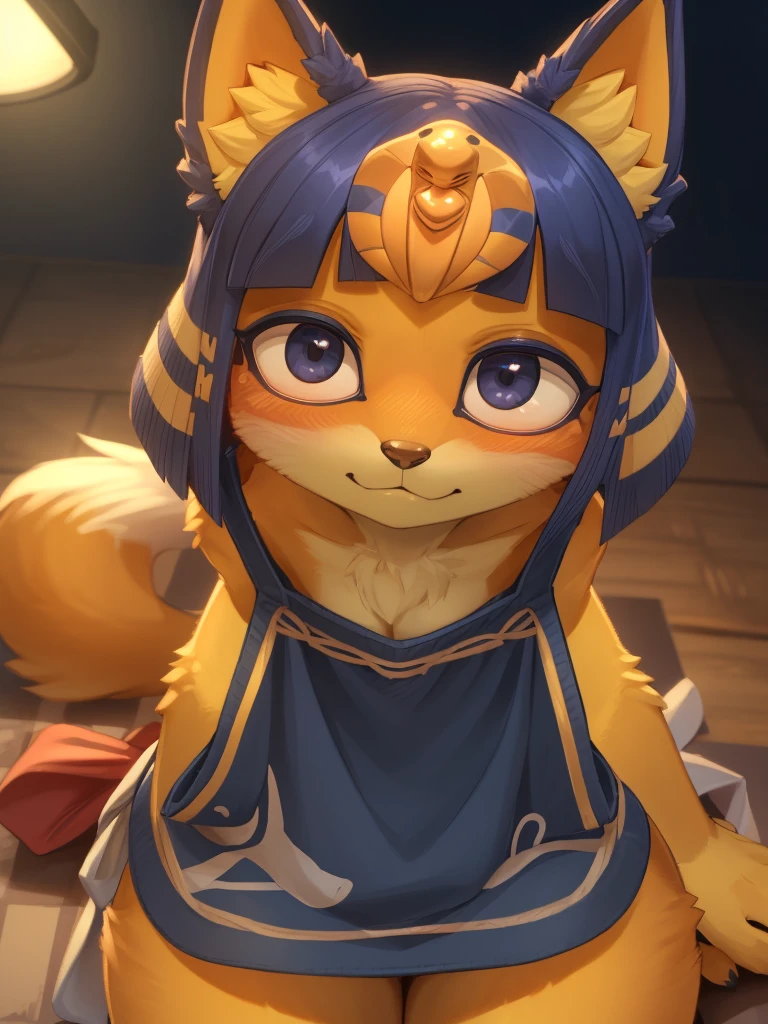 A detailed 3D render of a female anthropomorphic fox, furry fox girl, closeup view from above, wearing an apron over a naked body, embarrassed expression with blushing, highly detailed, 4K, photorealistic, studio lighting, vibrant colors, intricate detail