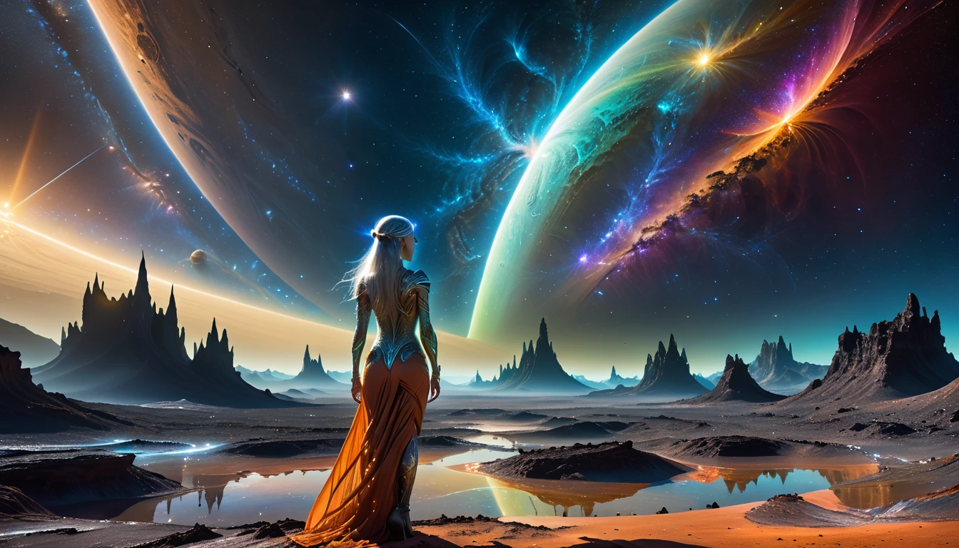 An awe-inspiring HDR image depicting a giant elven woman gracefully standing on the vibrant soil of a distant planet. ((a spacecraft on the ground)) Above her, the Milky Way stretches across the sky, radiating hues that illuminate the cosmos. In the foreground, evidence of extraterrestrial life can be seen—an outpost nestled in the rugged landscape, teeming with alien flora. Below the surface, an evolving underworld pulses with mysterious energy, hinting at the deep connections between life forms. This otherworldly scene captures the majesty of space and the limitless possibilities of evolution.