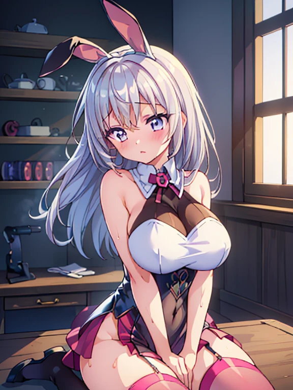 nsfw,((1girl),(looking away),(both hands between legs)), (masterpiece,best quality,high-resolution,detailed fingers,detailed hands,detailed eyes,detailed legs:1.5), (silver hair,long hair,shiny hair:1.3), ((pink clothes), (playboy bunny),(garter belt,thighhighs)), (see through:1.3),cameltoe:1.3), ((huge breasts),beautiful breasts,curvy), (aroused:1.3, blush:1.3, steam:1.3, sweat skin:1.3), (spoken heart), (stage,casino),(lactation through clothes,lactating into cup,lactation)