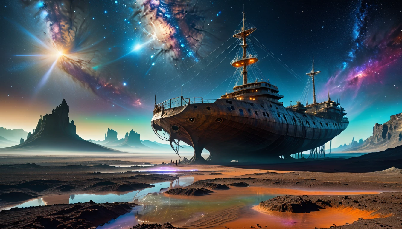 An awe-inspiring HDR image depicting ((a grounded ship),, a giant elven woman gracefully standing on the vibrant soil of a distant planet. ((a grounded ship)), Above her, the Milky Way stretches across the sky, radiating hues that illuminate the cosmos. In the foreground, evidence of extraterrestrial life can be seen—an outpost nestled in the rugged landscape, teeming with alien flora. Below the surface, an evolving underworld pulses with mysterious energy, hinting at the deep connections between life forms. This otherworldly scene captures the majesty of space and the limitless possibilities of evolution.