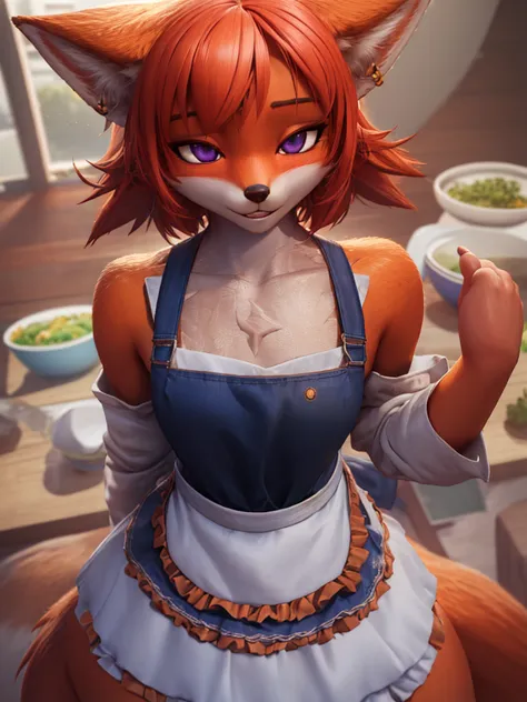 a detailed 3d render of a female anthropomorphic fox, furry fox girl, closeup view from above, wearing an apron over a naked bod...