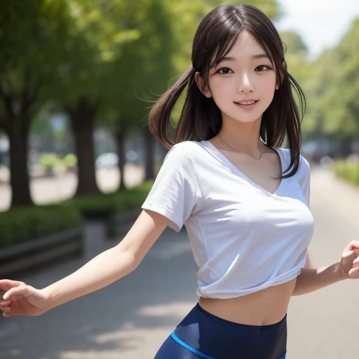 1 Realistic young japanese cute girl,,a very cute japanese anorexic woman is running,wearing dark blue leggings,white t-shirt,lighe orange hoodies,around in park,4K, 8K, (Masterpiece, best quality:1.2),Very realistic eyes, perfect face,20years old,thin girl,((skinny girl)),slim girl,small girl,childish girl,(((flat chest))),(((small breast))),white skin,short twin tail hair,around lake in park,sunny day,((lower body:2.0)))