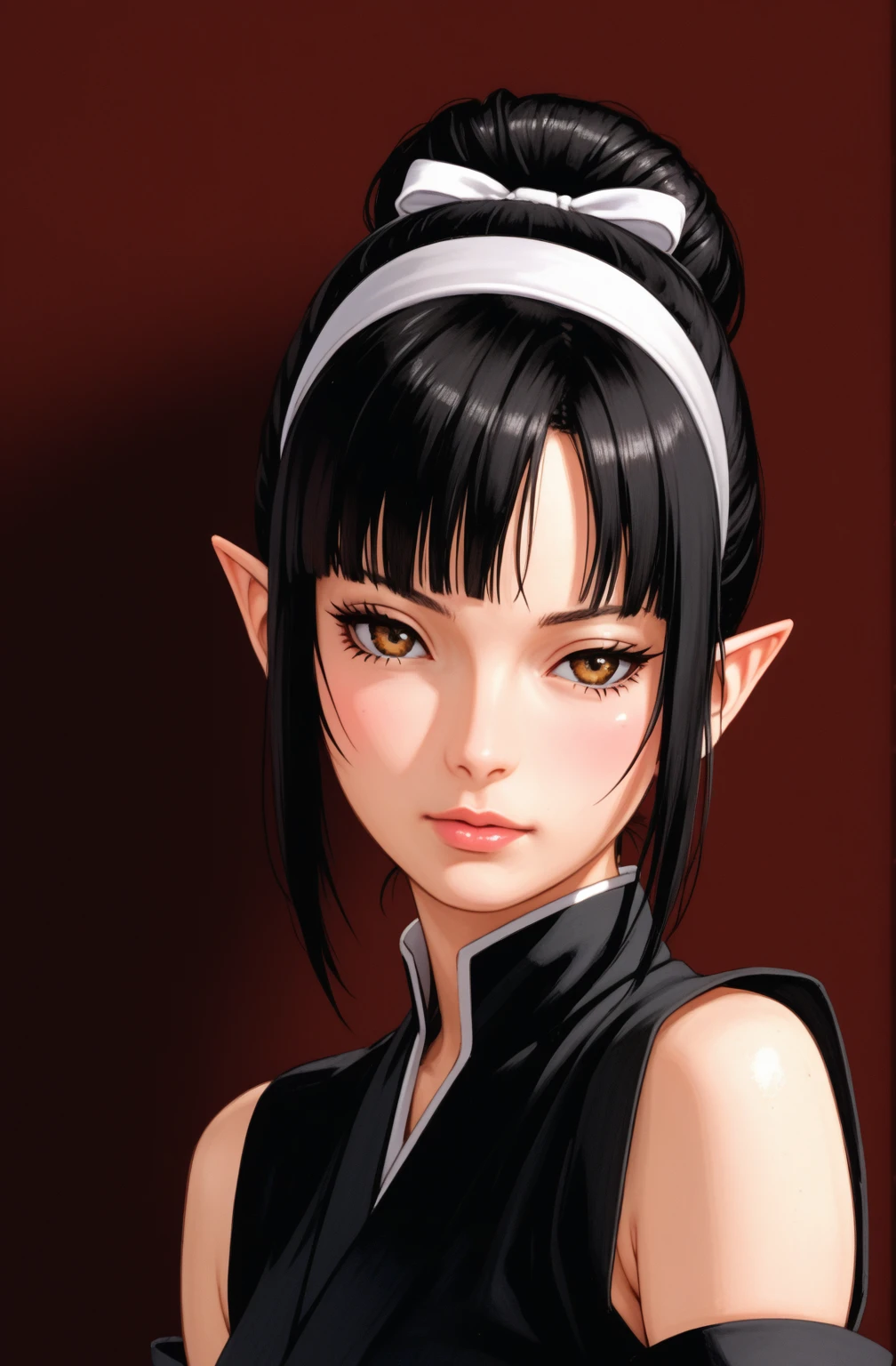 An anime character wearing short black and white hakamas, two ribbons {one at each side of her hairband}, white obi with black and white seigaiha pattern, girl with elf ears, a beautiful young girl with long black hair tied up in one single bun centered on top of her head, asymmetrical chopped bangs sideswept to the right, white hairband with ribbons on both sides of her head, a lock of hair falling in front of the right side of her face, detailed anime art, 8k, high resolution, photorealistic, HDR, vivid colors, dramatic lighting, artwork in the style of guweiz, detailed portrait of anime girl, beautiful anime portrait, anime realism style, anime style portrait, anime style 4 k, realistic anime art style, digital art ilya kuvshinov, realistic anime artstyle, ilya kuvshinov. Portrait anime girl, girl wearing black hakama with detached sleeves.