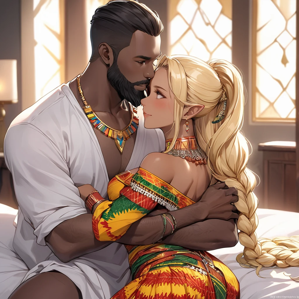 ((Best Quality)), ((masterpiece)), (detailed), （Perfect Face）、The high elf woman is Seras Ashlain, wearing a colorful Ghanaian national costume, gorgeous jewelry, and an engagement ring. Her blonde medium-long hair is finely braided into a braid, giving her the hairstyle of an African woman.、The woman marries a bearded, middle-aged Ghanaian man and becomes a Ghanaian female high elf.、A woman is hugging her husband, kissing him and making love on the bed in the bedroom