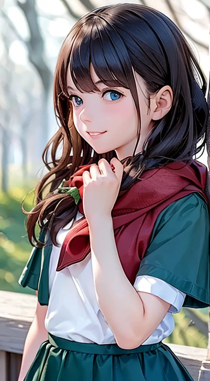 (Best Quality, masterpiece:1.2) One girl,  autumn, Brown Hair, Looking at, , Red scarf, Outdoor, Long sleeve, Maple Leaf, Upper Body, Blurred Background, Depth of written boundary, Sleeves past the wrist, sweater, Medium Hair, Blurred foreground, Green Eyes, tree, smile,blush、 Dark blue skirt,  Pleated skirt