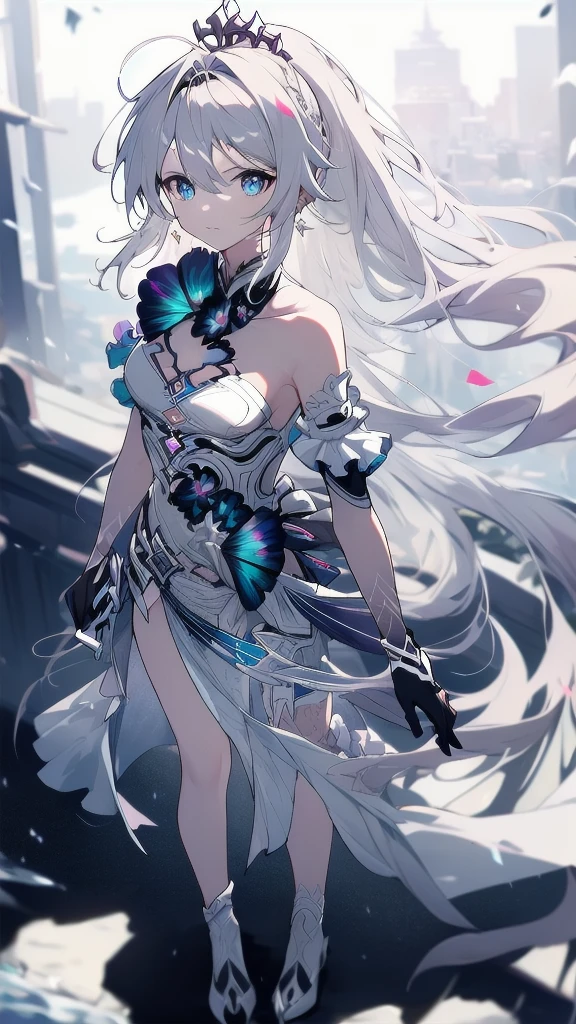 ((full body)),1 person, Alone, whole body, (Best Quality,8k,High resolution,masterpiece:1.2),Very detailed,(anime), The End of the Lord, Kiana \ (Serious impact 3)Very long white hair, blue eyes, Alone, Very detailed顔の特徴, Small and beautiful eyes, cute, Gazing at the audience, Shooting from above, Fantastic landscape, Bright colors, loose fitting dress, Rich details, Rich environment, Golden Ratio